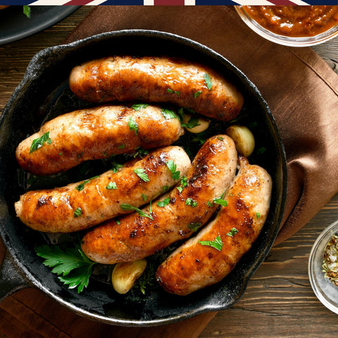 British sausages in a pan