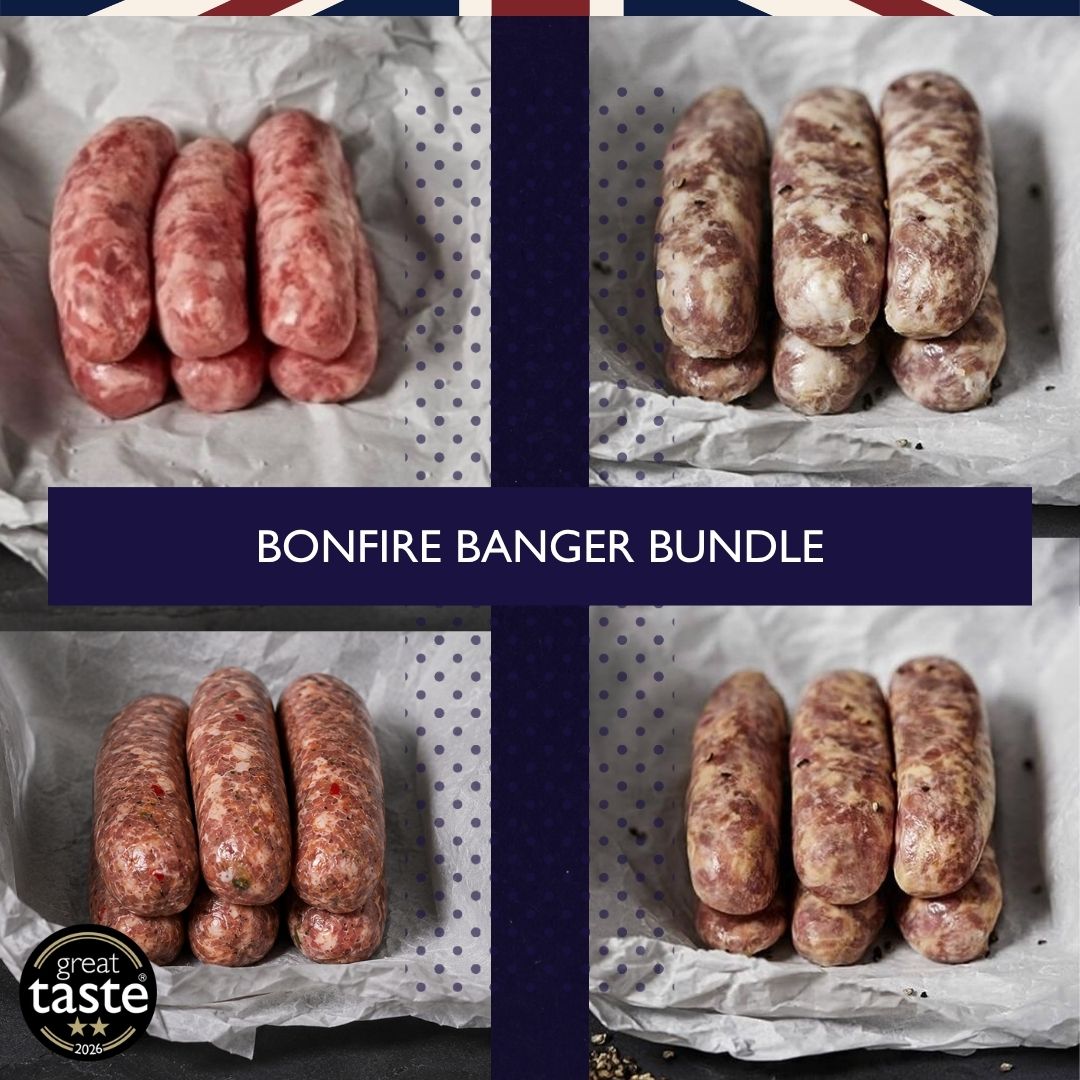 Parker's Bonfire Banger Bundle with Classic, Cumberland, Old English and Welsh Dragon British sausages
